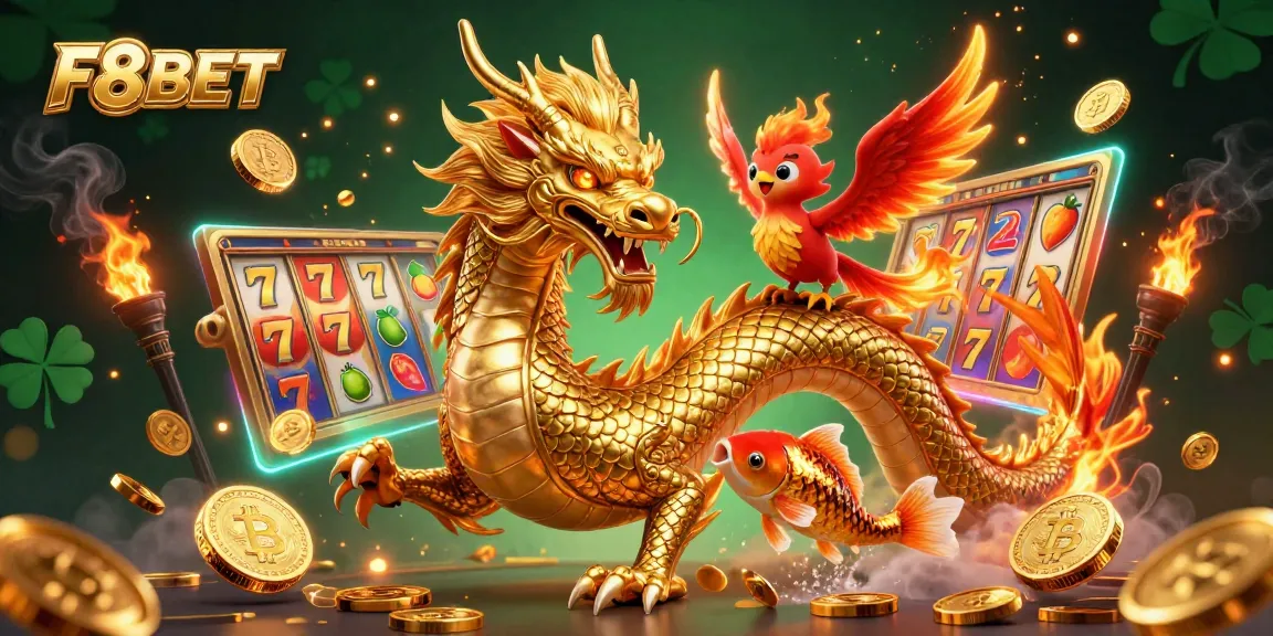 F8BET promotes thrilling gameplay with a fierce dragon, phoenix, and koi fish amidst a vibrant casino atmosphere.