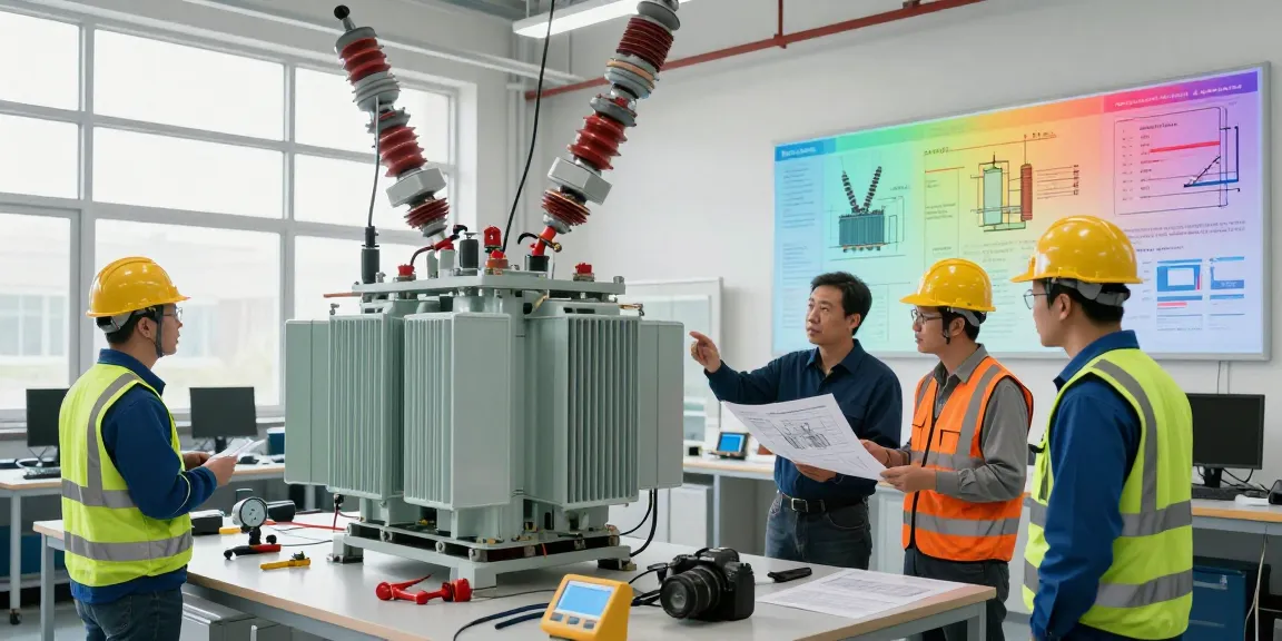 Technische professionals werken aan een medium voltage transformer in een moderne werkruimte.