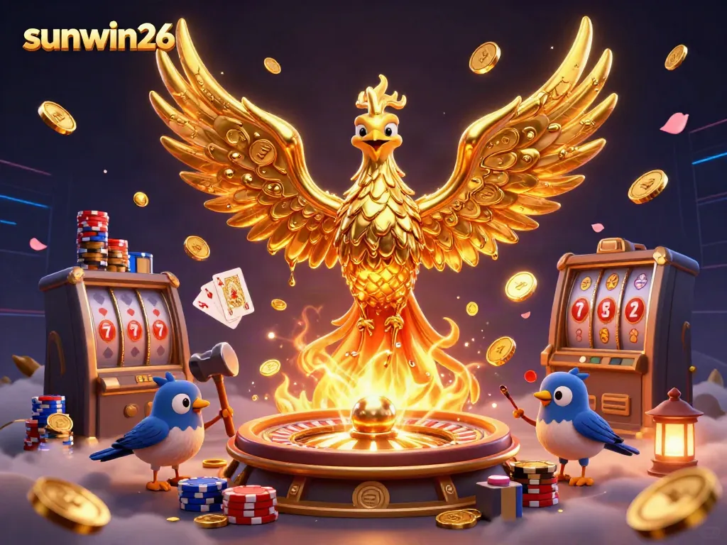 Cascading coins and a golden phoenix reveal the sunwin26 casino experience with dynamic gaming elements.