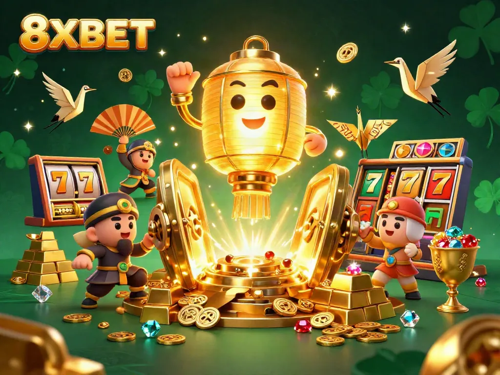 Experience thrilling wins with 8XBET in a vibrant casino scene filled with treasures and exciting characters.