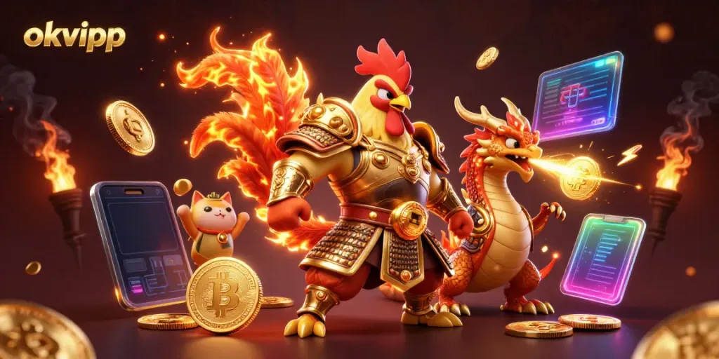 Engage in thrilling gameplay with okvipp as a fierce rooster warrior and dragon hatchling bring excitement to your casino adventures.