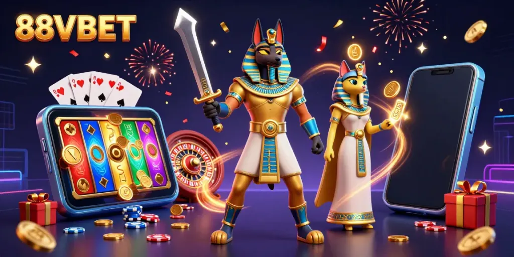 Engage in dynamic gaming action at 88VBET with vibrant characters and casino elements.