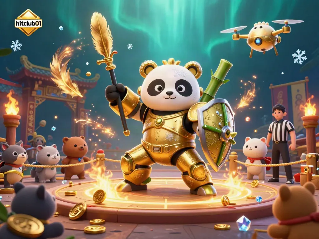 Engage in thrilling gameplay at hitclub01 with a lively golden panda piloting a robot in a dynamic casino arena.
