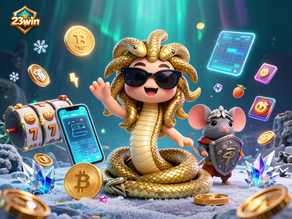 Win big with 23win's vibrant 3D illustration showcasing dynamic casino elements.