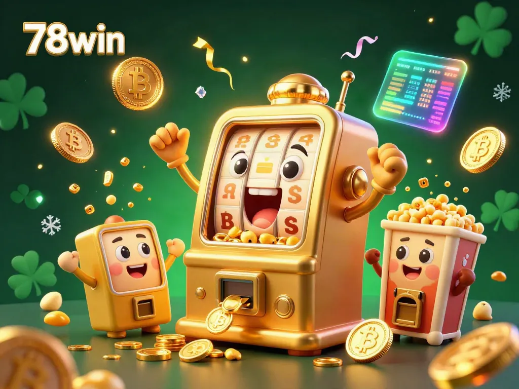 Experience the thrill of 78win with exciting jackpots from this golden slot machine surrounded by cheering baby slots.