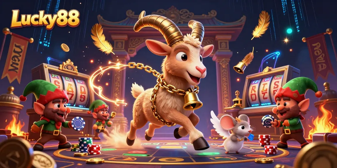 Lucky88 showcases a lively casino scene with characters stealing poker chips amidst dynamic gaming elements.