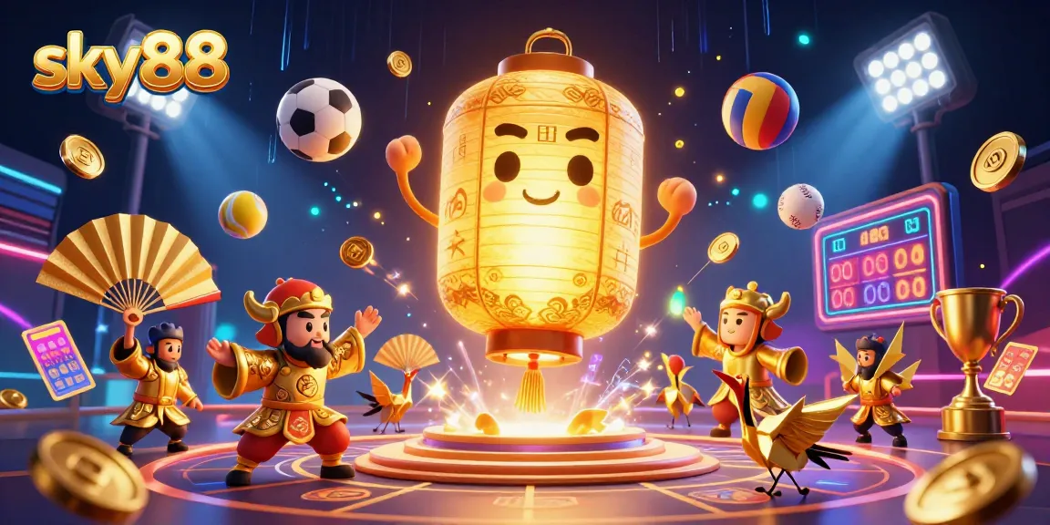 Experience thrilling wins with sky88's dynamic casino scene filled with golden symbols, sports elements, and energy.