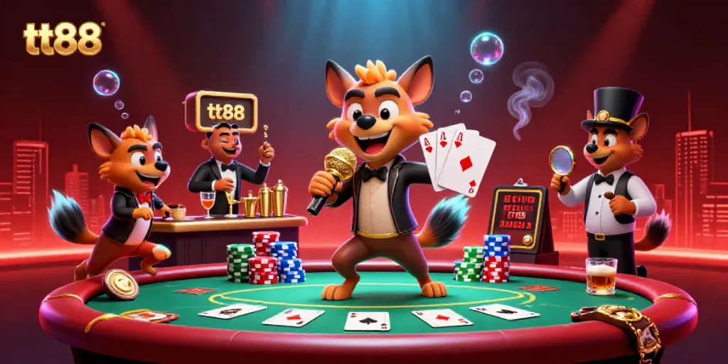 Engage with tt88's thrilling casino experience with hyenas enjoying comedy and games in a vibrant setting.