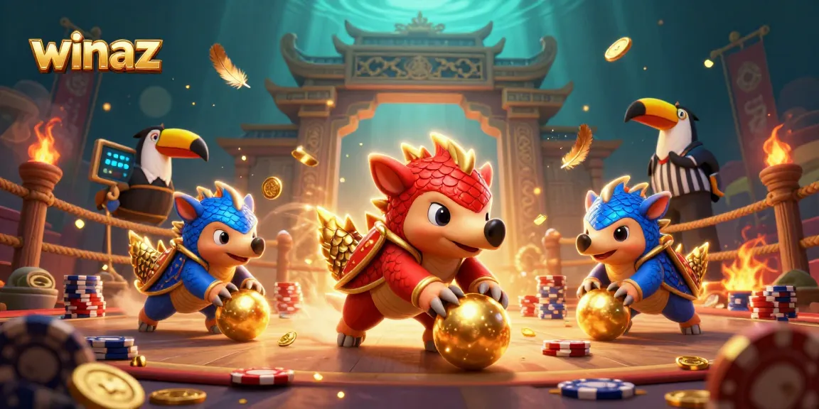 Winaz pangolins battle with poker chips in a dynamic 3D casino scene, showcasing excitement.