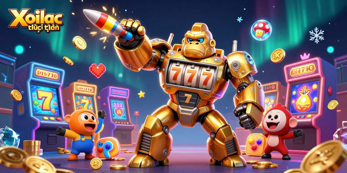 Xoilac trực tuyến features a golden gorilla mech and slot machines bursting with coins in a vibrant casino scene.