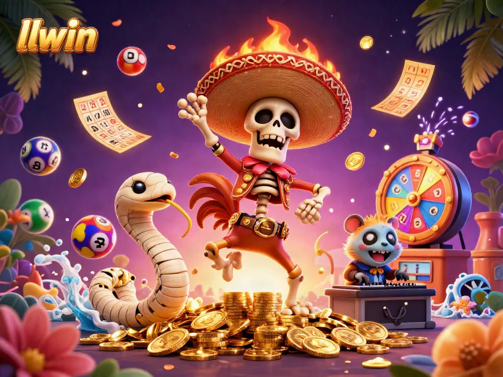 llwin celebrates with a festive 3D casino scene featuring colorful lottery balls and golden coins
