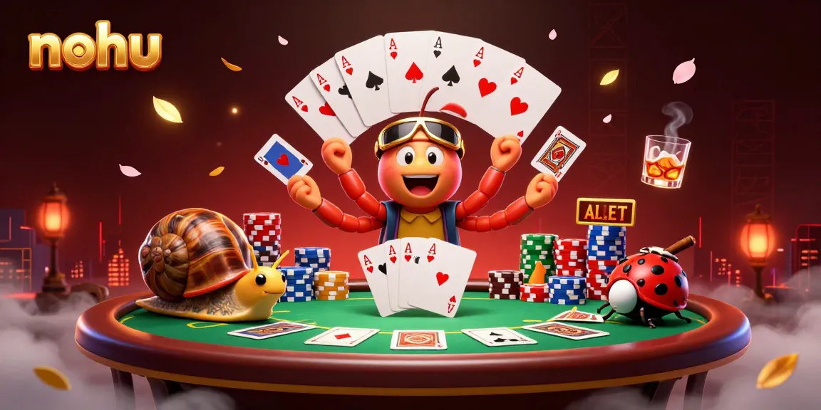 Experience the thrill of nohu casino gaming with a vibrant 3D scene of energetic characters and poker elements.