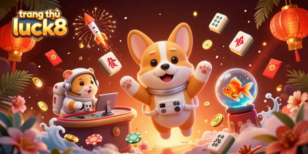 Engage with the vibrant universe of trang chủ luck8 featuring a floating casino scene with animated characters and festive elements.