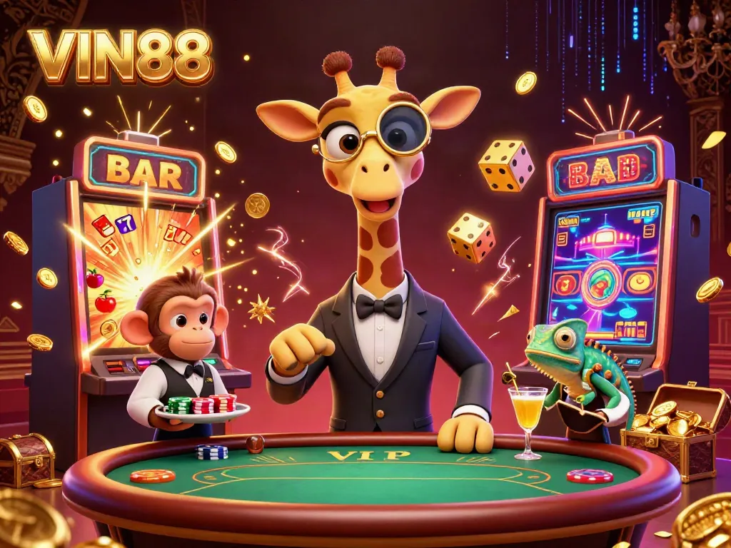 Experience the excitement of VIN88 with a vibrant scene of a high-roller giraffe, monkey valet, and chameleon bartender at a dynamic casino.