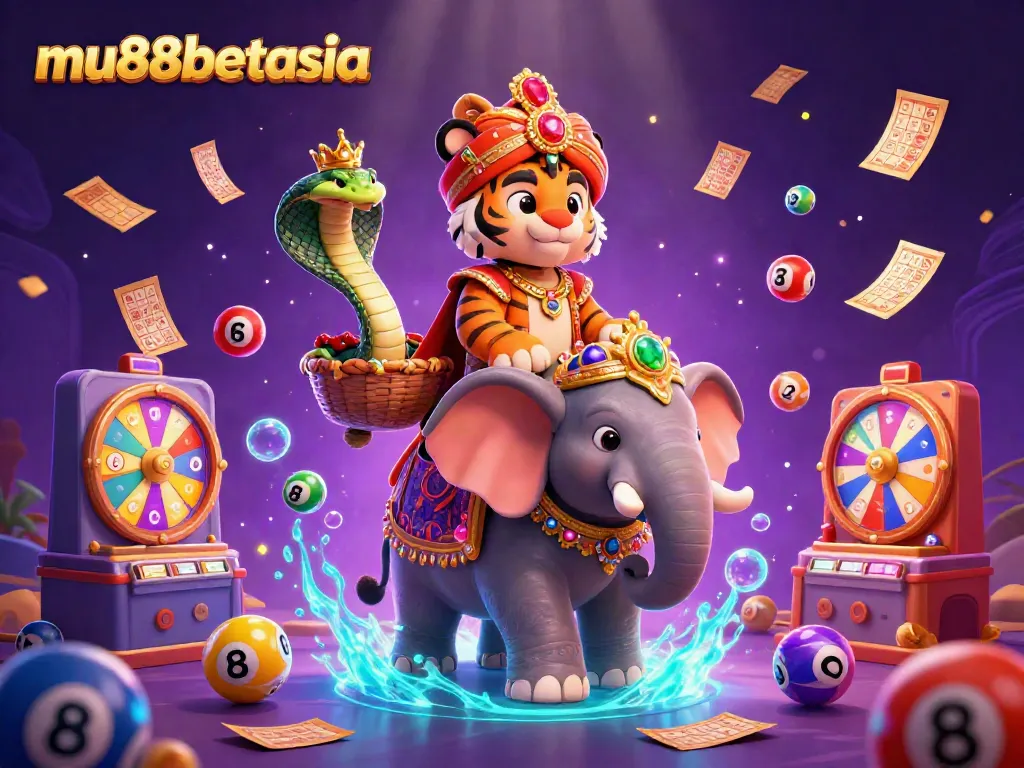 Engage with mu88betasia's vibrant gaming world, featuring a cartoon maharaja tiger riding a jeweled elephant amidst dynamic lottery elements.