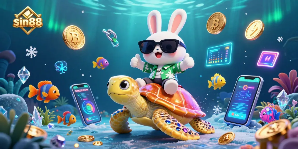 Experience thrilling wins with sin88, featuring a lucky rabbit and golden turtle in a vibrant casino underwater scene.