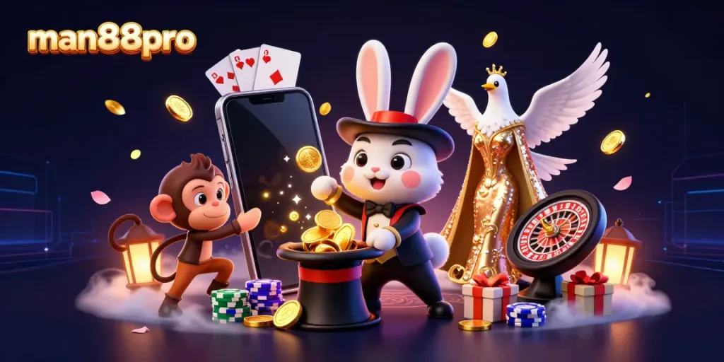 Experience thrilling games at man88pro with an enchanting casino scene featuring magical elements and excitement.