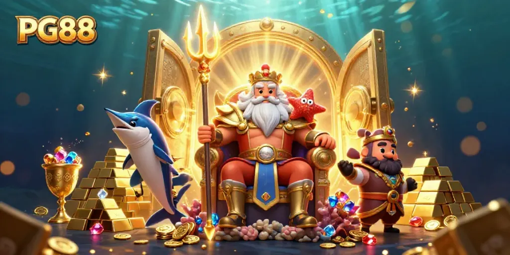 PG88 features an underwater scene with a cartoon sea king, treasure, and gaming elements for an exciting casino experience.