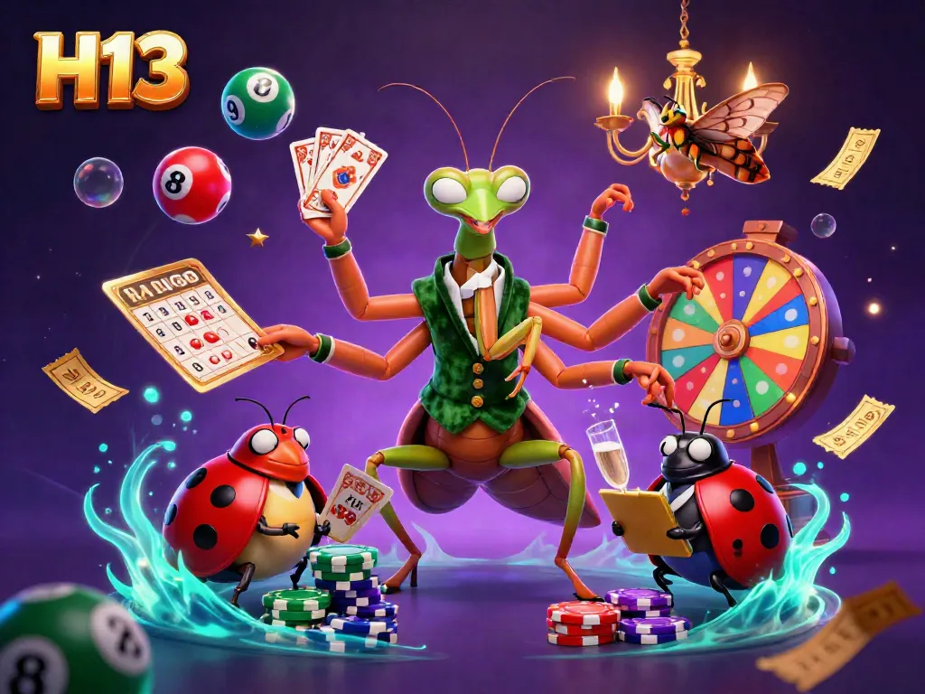 Engage in vibrant H13 gaming action with a mantis card sharp and a ladybug pit boss amidst dynamic casino elements.