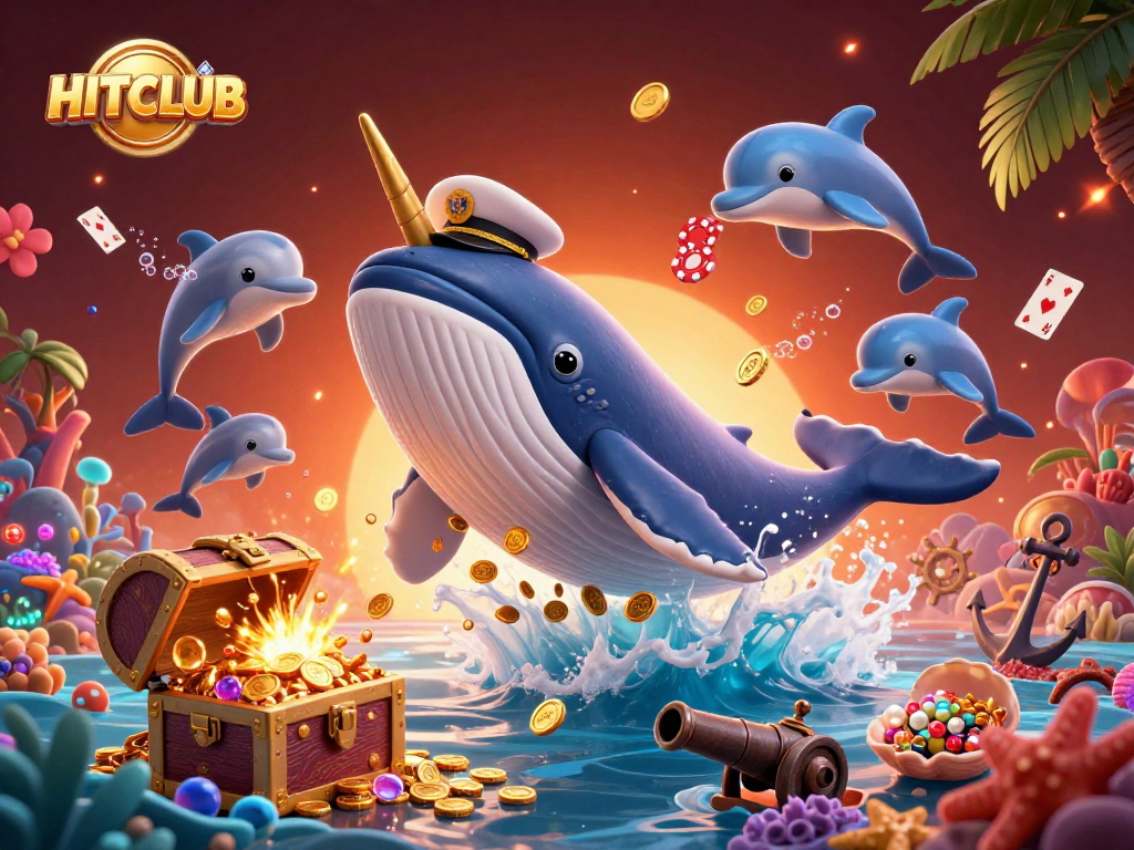 Experience the thrill of HITCLUB with a 3D cartoon scene of a whale breaching in coins surrounded by gaming elements.