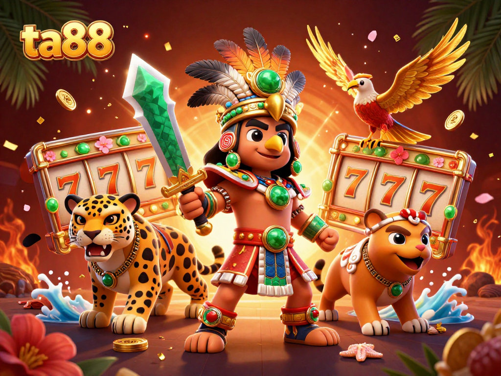 Experience the thrilling ta88 gaming adventure with vibrant warriors and slot reels.