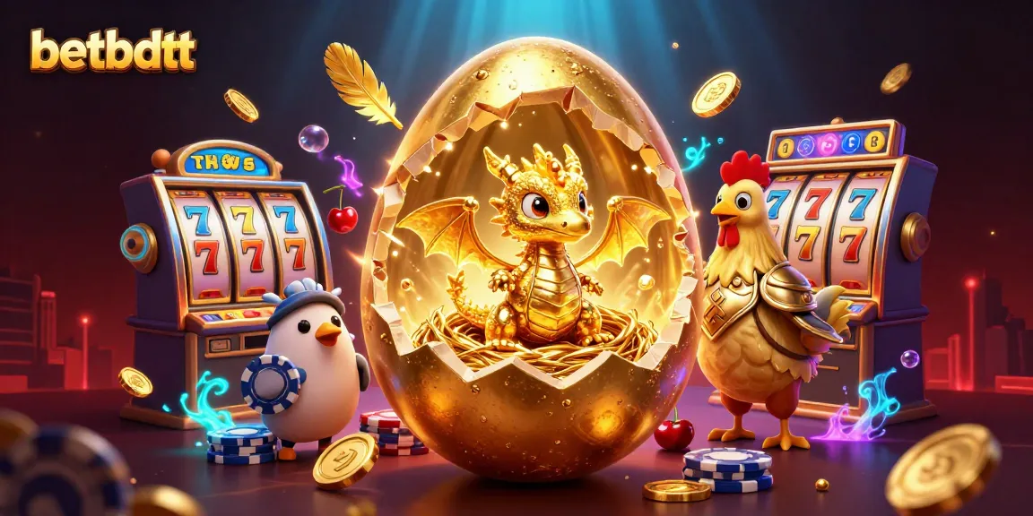 Engage with betbdtt's vibrant casino experience featuring a golden dragon amidst slot machines and poker chips.