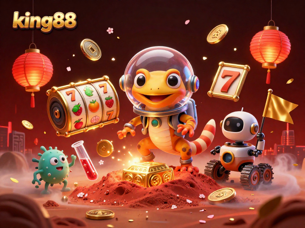 Engage with king88 at a vibrant Martian casino, filled with exciting games and glowing decorations.