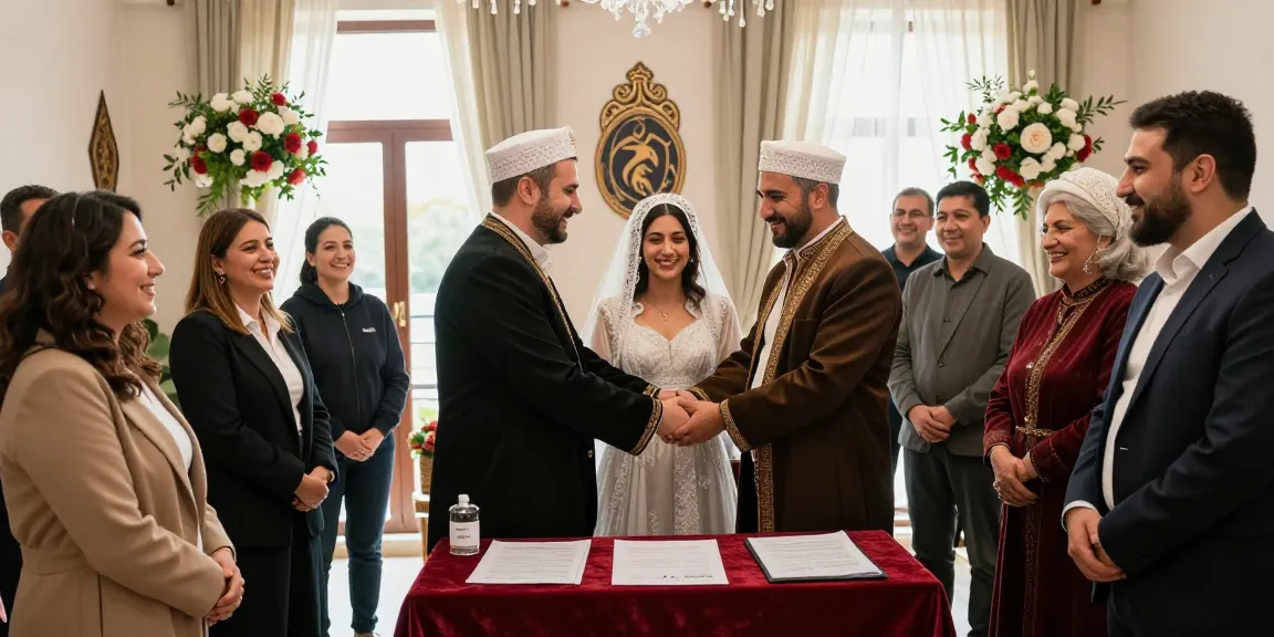 Couple celebrating Turkish Citizenship by Marriage ceremony surrounded by joyful family and traditional decor.