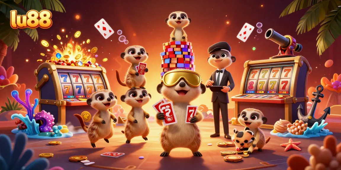 Engage with lu88 in a vibrant casino scene filled with meerkats and dynamic game elements.