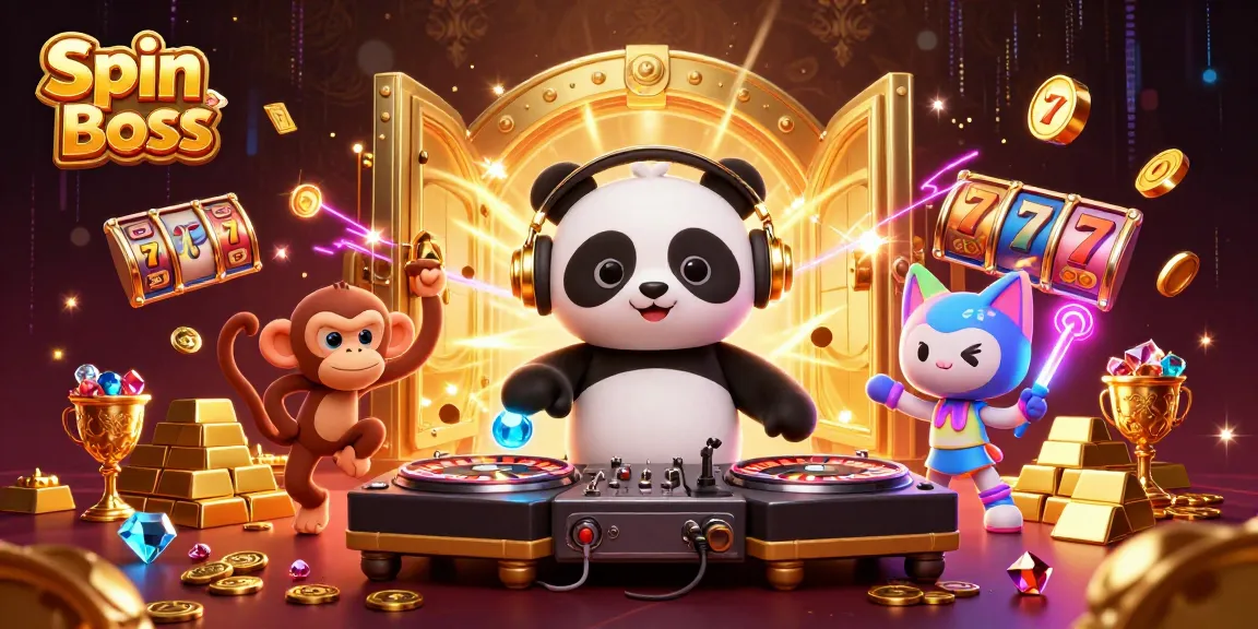 Spin Boss showcases thrilling games in a vibrant casino scene featuring a DJ panda and treasures.