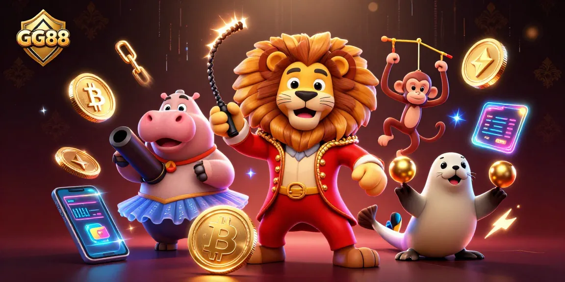 Experience GG88 gaming with a vibrant circus scene filled with animated characters and cryptocurrency elements.