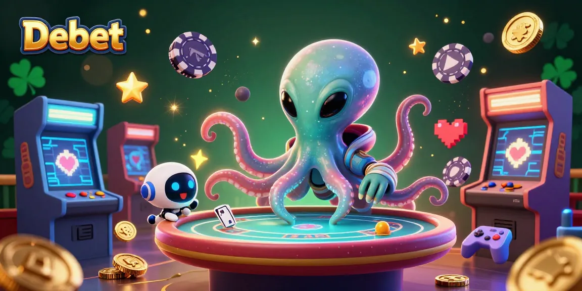 Experience thrilling gameplay at Debet with a vibrant, 3D casino scene featuring a whimsical octopus and arcade elements.