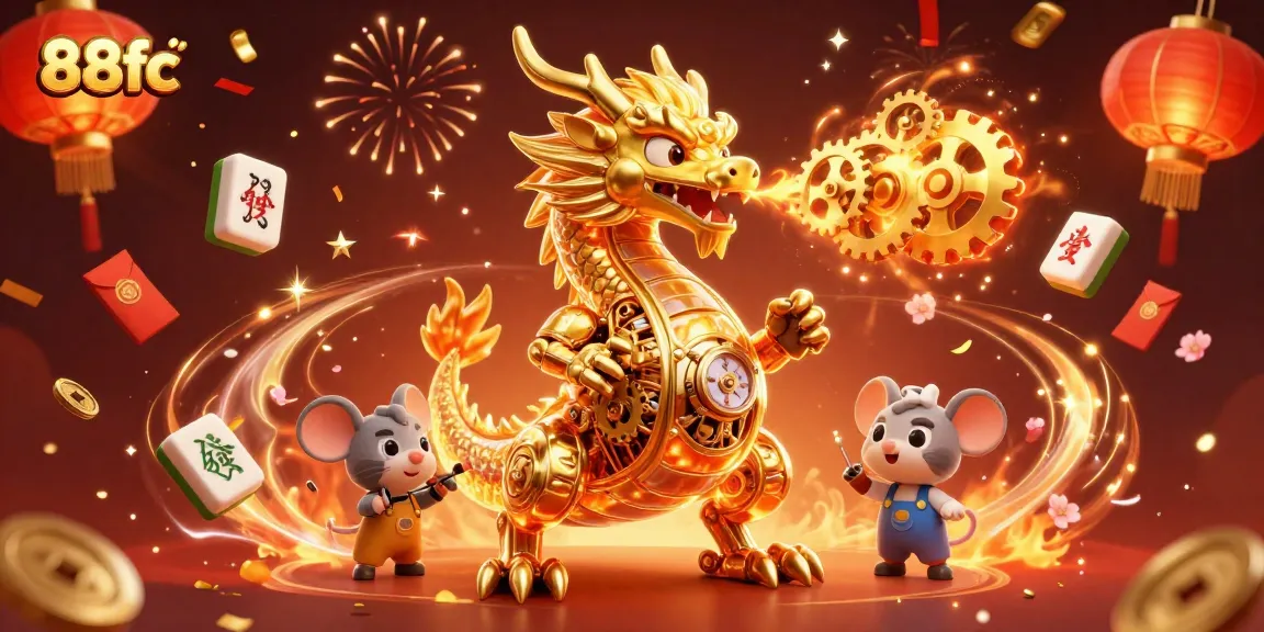 Engage at 88fc with a vibrant casino scene featuring a golden dragon and festive elements.