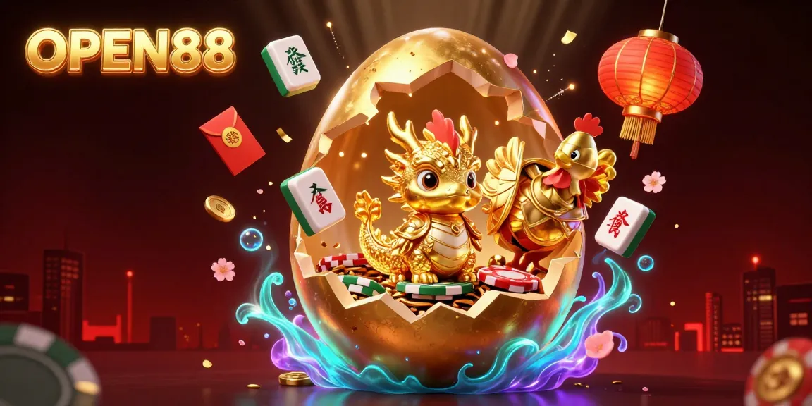 Win big at OPEN88 with a vibrant scene of a golden dragon amidst casino riches and festive elements.