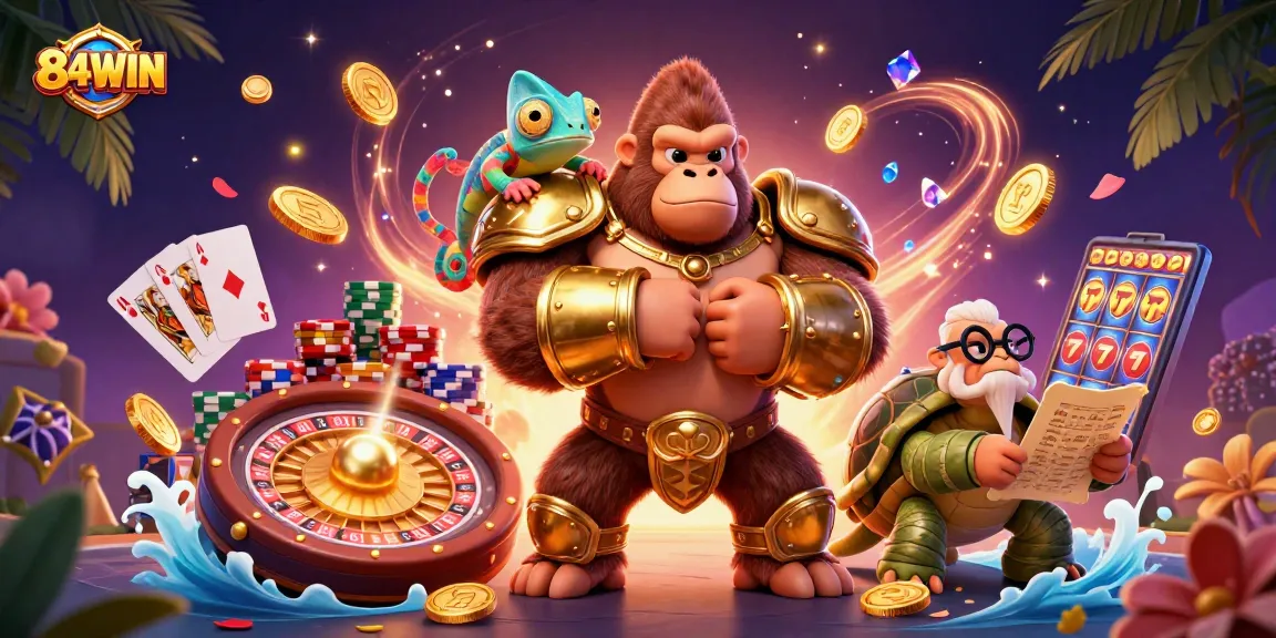 Engage with the vibrant world of 84WIN, showcasing a powerful gorilla king and colorful game elements.
