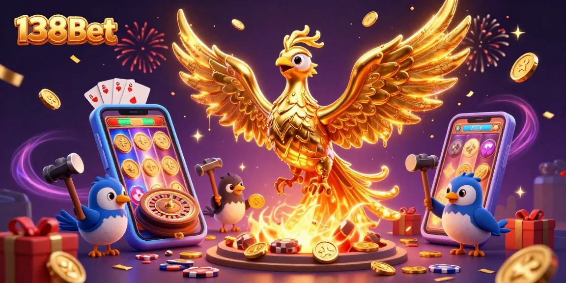 Experience thrilling 138Bet casino games with a golden phoenix and vibrant slot action!