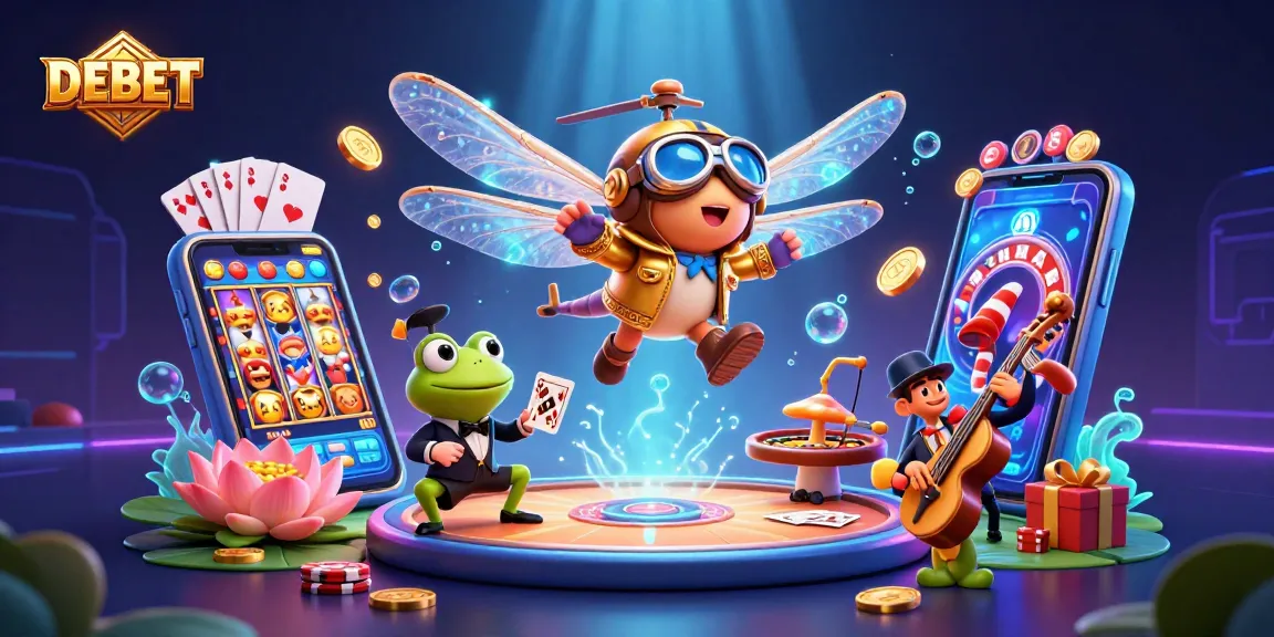 Play exciting games at DEBET's vibrant lily pad casino with a cheerful frog dealer and cheerful musicians.