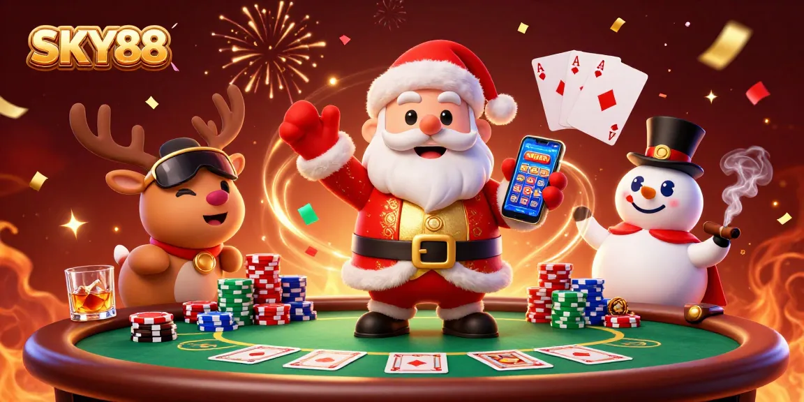 Engage with SKY88 at a thrilling casino scene with Santa, reindeer, and poker action.